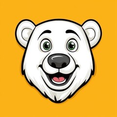 Cartoon illustration of a cheerful polar bear face with green eyes and a wide smile on a bright yellow background