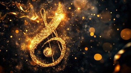 Sparkling Gold Musical Note Against Dark Background with Bokeh Effect