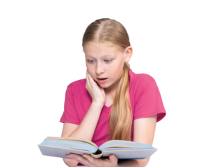 Surprised girl reading a book, holding her cheek with one hand, isolated on transparent background, PNG. Child with long blond hair, pink t-shirt, emotional expression, cutout.