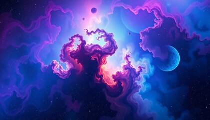 Naklejka premium Colorful Cosmic Nebula With Planets