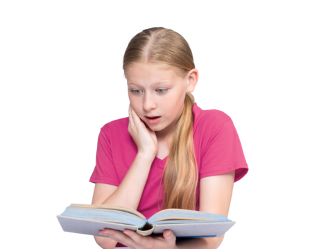 Surprised girl reading a book, holding her cheek with one hand, isolated on transparent background, PNG. Child with long blond hair, pink t-shirt, emotional expression, cutout.