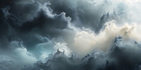 Obraz premium Dark fog and white clouds create an abstract, misty motion in the mountain air under a stormy sky