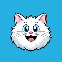 Fototapeta premium Cartoon illustration of a cheerful white cat with blue eyes and pink tongue on a blue background