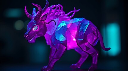 Illuminated Polygonal Bull Sculpture Glowing in Purple and Blue