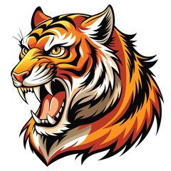 A majestic tiger with vibrant orange and black stripes roars fiercely, displaying its sharp teeth  on White background