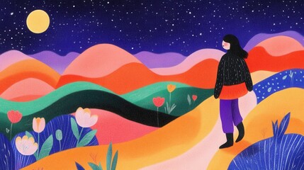 Stargazers Wander A lone figure journeys through vivid hills under a moonlit starfilled sky