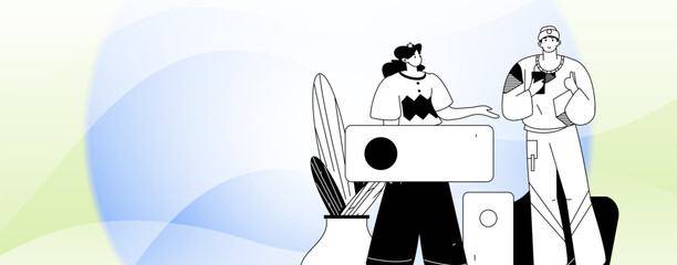 Virtual characters social communication concept business flat vector hand drawn illustration
