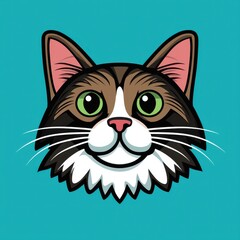 Cartoon illustration of a cat with green eyes and dark fur against a blue background