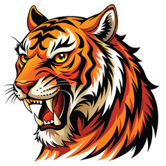 A majestic tiger with vibrant orange and black stripes roars fiercely, displaying its sharp teeth  on White background