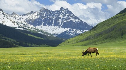 Obraz premium Majestic Elk Grazing in Lush Meadow with Snow-Capped Mountains and Clear Blue Sky in Beautiful National Park Landscape