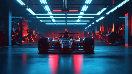 Formula One Car in Garage with Neon Lights Ready for Racing