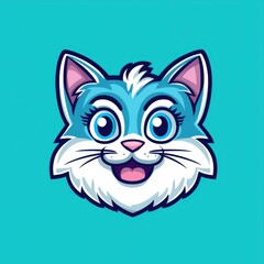 Obraz premium Cartoon cat face with light blue fur, white chin, and large blue eyes