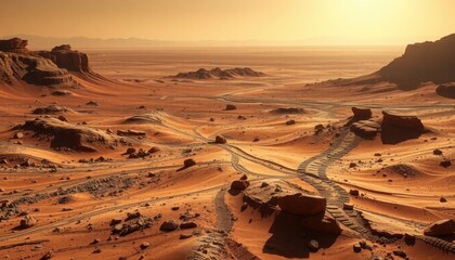 Fototapeta premium Expansive Red Sand Desert Landscape Under Warm Sunset Landscape