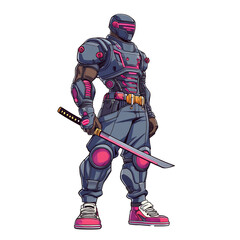 Naklejka premium Neon cyberpunk comic character in futuristic armor