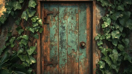Weathered Wooden Door Surrounded by Lush Green Ivy Vines