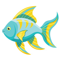 A solitary, pale blue fish with vibrant yellow accents along its dorsal fin and tail fin is captured  on White background