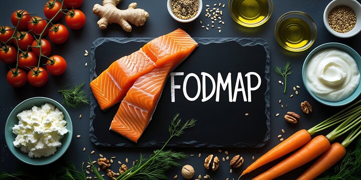 Nutritious low FODMAP food selection with salmon fillets, carrots, tomatoes, and healthy fats, ideal for digestive health, clean eating, and meal prep visuals

