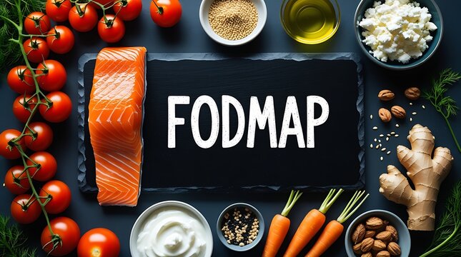 Nutritious low FODMAP food selection with salmon fillets, carrots, tomatoes, and healthy fats, ideal for digestive health, clean eating, and meal prep visuals

