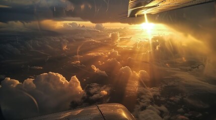 Aerial sunrise view through airplane window golden cloudscape