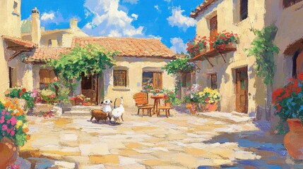 Obraz premium Sundrenched courtyard scene with vibrant flowers and playful dogs adds warmth charm