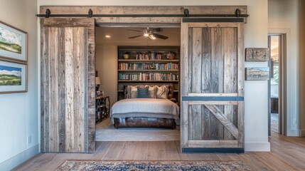Rustic Sliding Barn Door Opening to Cozy Bedroom with Bookshelves
