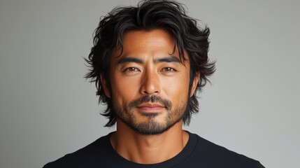 Fototapeta premium Close-up portrait of a man with dark, wavy hair and a beard, wearing a black shirt against a neutral background