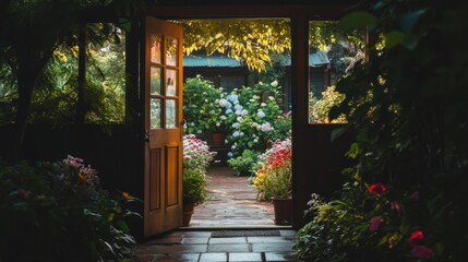 Serene Garden Pathway with Colorful Flowers and Greenery