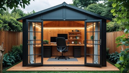  a modern, stylish garden office shed with a sleek, black exterior and a gabled roof. The front features a large glass door with multiple panes, allowing a clear view into the interior.