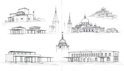 Monochrome Cityscape Sketch Simple Line Drawings of Buildings and Skylines
