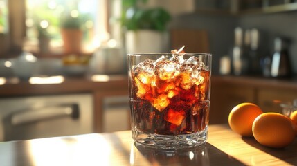 Refreshing Glass of Dark Beverage with Ice and Citrus Fruits