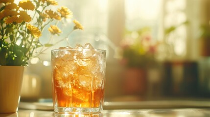 Refreshing Ice Cold Drink with Flowers in Soft Morning Light