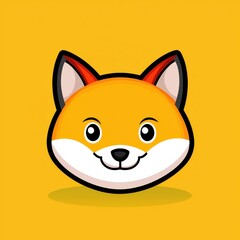 Fototapeta premium Cartoon fox face with orange fur and white chin against yellow background