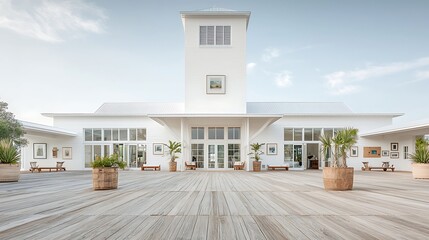 White building with a central tower, large windows, and a wooden deck