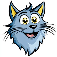 Cartoon illustration of a smiling blue cat with yellow eyes and black whiskers