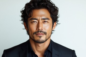 Fototapeta premium Close-up portrait of a man with dark, wavy hair and a goatee, wearing a dark suit
