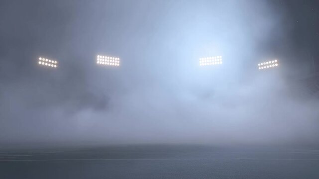 Empty stadium field illuminated by bright stadium lights with dramatic smoke effect at night showcasing intense game atmosphere.