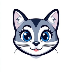 Obraz premium Cartoon illustration of a cheerful gray cat with blue eyes and white markings