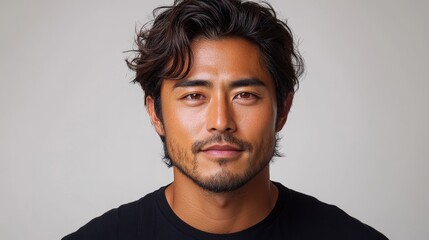 Obraz premium Close-up portrait of a man with dark, wavy hair and a short beard, against a neutral background