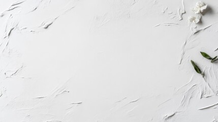 A white textured background with subtle brush strokes, featuring delicate white flowers and green leaves, and minimalistic and elegant composition.