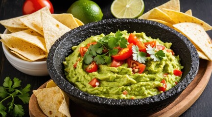 A rustic bowl of creamy guacamole garnished with fresh tomatoes and cilantro, accompanied by lime wedges and tortilla chips