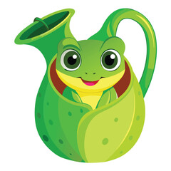 A tiny, bright green frog with large eyes peeks out from inside a curved, veined pitcher plant  on White background