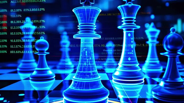 Futuristic chess game with glowing pieces on a digital board, surrounded by data streams and analytics - Powered by Adobe