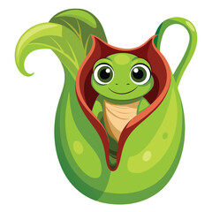 A tiny, bright green frog with large eyes peeks out from inside a curved, veined pitcher plant  on White background