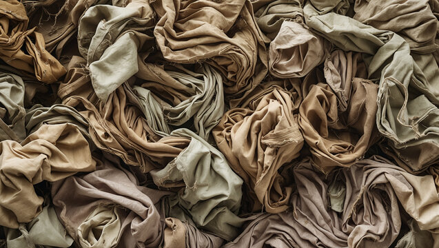 A highly textured, abstract background featuring a mess of crumpled cloth stems in various shades of earthy tones. 
