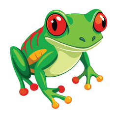 A vibrant green tree frog with striking red eyes and bright orange feet clings to an unseen on White background