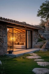 Fototapeta premium Cozy modern stone cabin with open windows nestled among rocks at dusk, inviting warm light highlighting the serene landscape