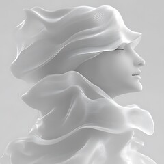 Serene sculpted head, draped in flowing fabric