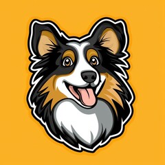 Fototapeta premium Cartoon illustration of a happy dog with black, white, and tan fur and yellow eyes