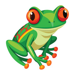 A vibrant green tree frog with striking red eyes and bright orange feet clings to an unseen on White background
