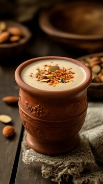 Traditional Indian kesar badam saffron almond milkshake served in clay cup